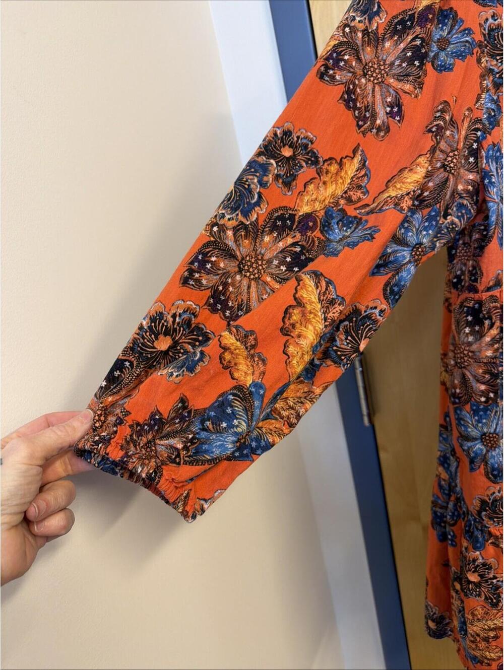 Old Navy Orange floral swing dress Lace Tie Neck Sz L Petite Pockets Boho Flowy - Picture 7 of 10